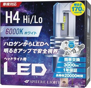 スフィアライト 車用 LEDヘッドライト H4 Hi/Lo カラー6000K/純白色 明るさ3000lm 車検対応 SLASH4060