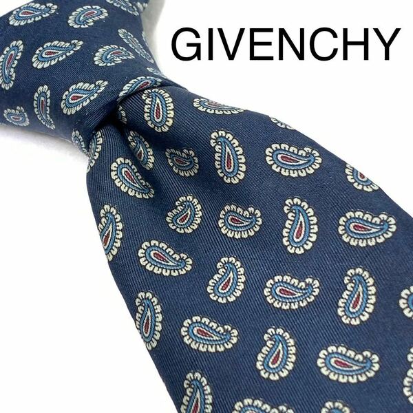 ジバンシー GIVENCHY ネクタイ　ペイズリー　総柄　ネイビー　ビジネス　紺　ネクタイコーデ　古着コーデ