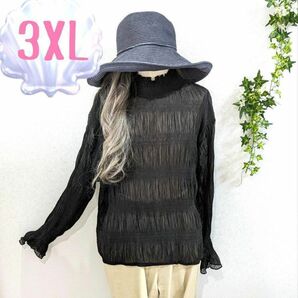 1点のみ！　3XL　黒　　シャーリング　カットソー　大きいサイズ　レディース　 長袖　