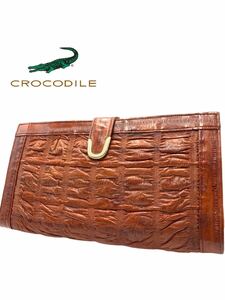 ●超美品●極上●crocodile●クロコダイル●ブランド●ブラウン●長財布●クラッチバッグ●本革●がま口●メンズ●お洒落●GA063