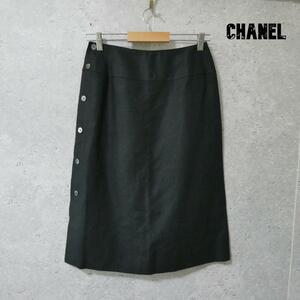  beautiful goods CHANEL Chanel size 36 flax linen100% trapezoid skirt LAP skirt to coil skirt long height side button black black 