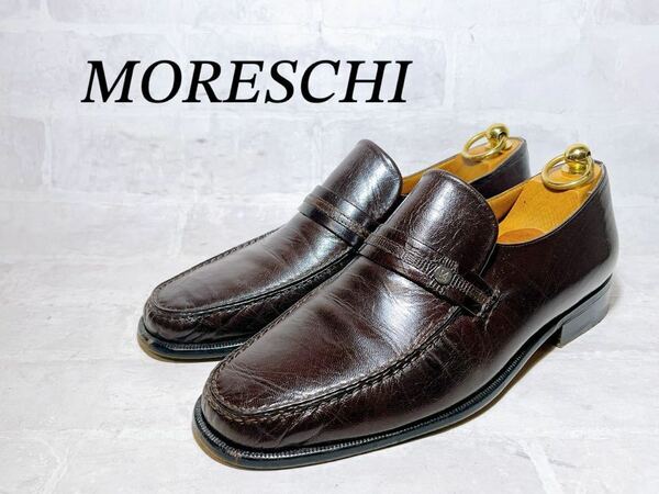 イタリア製【極美品】MORESCHI モレスキー 高級 レザーローファー ビジネスシューズ 本革 茶 US7（約25cm）メンズ