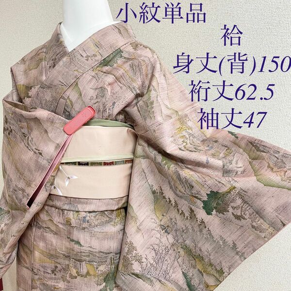 美品 袷 正絹 小紋 着物 ピンク 風景 紬 kimono 和服 呉服