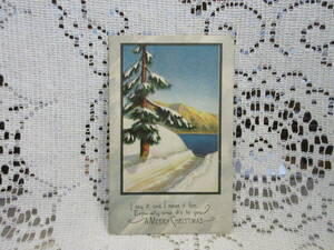 クリスマス　アンティーク　ポストカード　絵葉書　もみの木　山　雪道　湖　メッセージ　アメリカ切手