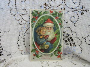 クリスマス　ドイツ製　アンティーク　絵葉書　ポストカード　サンタクロースと女の子　柊　もみの木　未投函