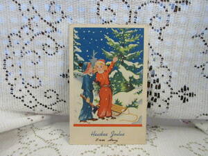 メリークリスマス　フィンランド語　アンティーク　絵葉書　ポストカード　人物　もみの木　そり　斧　雪　