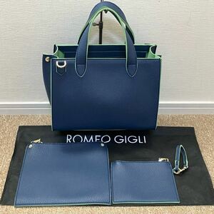 G504* бесплатная доставка * не использовался ROMEO GIGLI/ Romeo ji Rige li[Ala/a-la сумка имеется ] темно-синий × зеленый ручная сумочка большая сумка сумка 2way