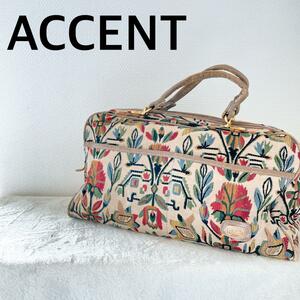 美品ACCENTアクセントハンドバッグトートバッグベージュ総柄フラワー花柄