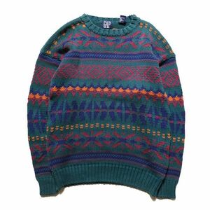 90's ギャップ GAP クルーネック コットン ニットセーター (L) 緑ベース 総柄 柄ボーダー 90年代 旧タグ オールド Y2K 青タグ デカタグ