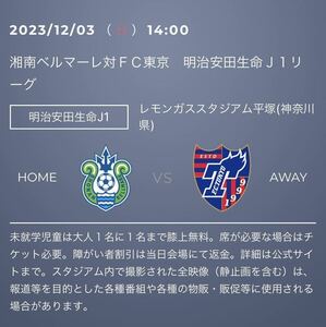 12月3日(日)14：00湘南ベルマーレ対 FC東京 レモンガススタジアム平塚 メインA指定席14列メインスタンド 中央ゲート QRチケット 1枚のみ