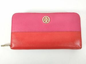 TORY BURCH トリーバーチ レザー ラウンドファスナー ロング ウォレット ピンク×オレンジ レディース 長財布【中古】4589C