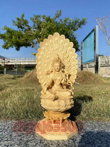仏像 仏堂 檜の 精彫緑度母置物実木彫刻インテリア工芸 高さ約31ｃｍ