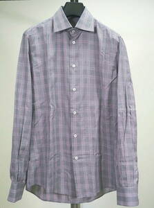 美品 BOTTEGA VENETA ボッテガヴェネタ 10AWワイドカラーグレンチェックシャツ46灰×紫 Italy製