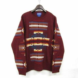 サイズ L PENDLETON ニット セーター ペンドルトン バーガンディ ネイティブ柄 古着 ビンテージ 3N2808