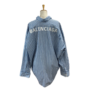 BALENCIAGA バレンシアガ 622050 TIM17 9567 ロゴ ストライプ オーバー シャツ ロングシャツ 長袖 ロゴ ブルー ホワイト【サイズ 34】