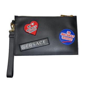 [ unused ]VERSACE Versace clutch bag pochette badge leather black with strap 
