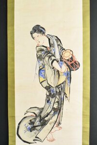 K2600 模写 無落款 作者不明「美人画 鼓」紙本 日本画 人物画 風俗画 絵画 中国 書画 掛軸 掛け軸 古美術 人が書いたもの