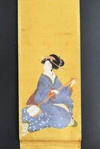 K2695 模写 菊川英山「美人図」絹本 三味線 芸者 舞妓 芸子 人物画 風俗画 着物美人 日本画 中国 書画 絵画 掛け軸 掛軸 人が書いたもの