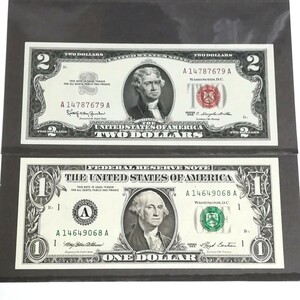 A―A券 アメリカ1ドル札と赤紋章2ドル札 2枚外国紙幣