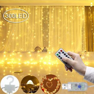 送料390円 イルミネーションライト 300LED 3m×3ｍ カーテンライト 300球 クリスマスライト 防水 8種類の切替モード リモコン付き