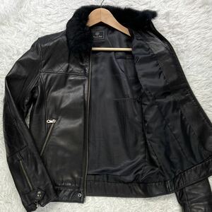 【良品 L】Men's Bigi ライダースジャケット 2way ファー ラビット シングル ラムレザー 羊革 キルティング メンズビギ メンズ ブラック 3