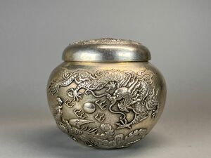 中国古美術 茶筒 茶器 茶入れ 茶道具 龍鳳紋 送料込み 時代物 乾隆年製在銘 古玩 浮き彫り 厚重 細工 