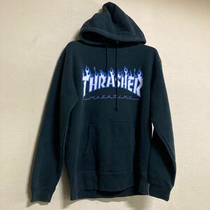 THRASHER MAGAZINE スウェット パーカー メンズ L ネイビー スラッシャー トレーナー スケートボード ファイアーパターン SK8 ※