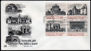 アメリカ 1981年 アメリカの建造物/ニューヨーク大学図書館、ビルトモアハウス、サンフランシスコ美術館、オワトナ銀行FDCカバー(1696) 