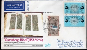 西ドイツ→日本 1983年 ヨーロッパ切手(グーテンベルクが発明した活版印刷技術、ヘルツが発見した電磁波)FDCカバー(1680)