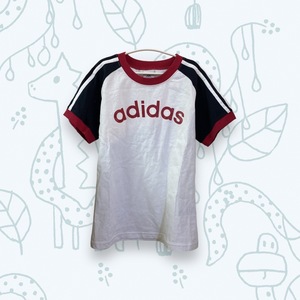 S1093 adidas アディダス キッズ Tシャツ 半袖 カジュアル M ホワイト（白）３ ライン コットン 万能 