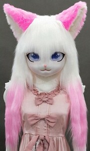 着ぐるみヘッド 猫 白とピンク 全頭ヘッド ケモノ マスク ファースーツ ぬいぐるみ コスプレ コスチューム