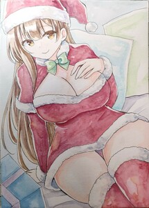 水彩 手描きイラスト　クリスマス　サンタの女の子　茶髪　B6サイズ小さめ