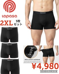 【新品】Lapasa●ボクサーパンツ●ムレ軽減 通気性・吸汗速乾・ストレッチスポーツトレーニング ボクサーブリーフ前閉●黒2XL×3枚●4980円