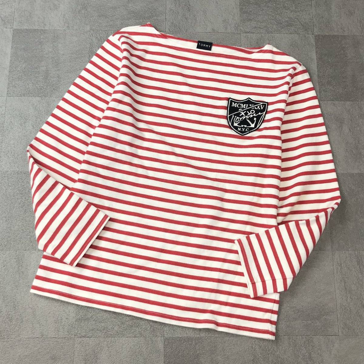 良品　TOMMY トミー　ボーダーボートネックカットソー　長袖 コットンシャツ　ボーダーシャツ　レッドホワイト　サイズS 古着