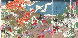 小国政浮世絵「第二軍旅順口撃戦之図」　木版画　3枚続　各約36×24.5　Kokunimasa