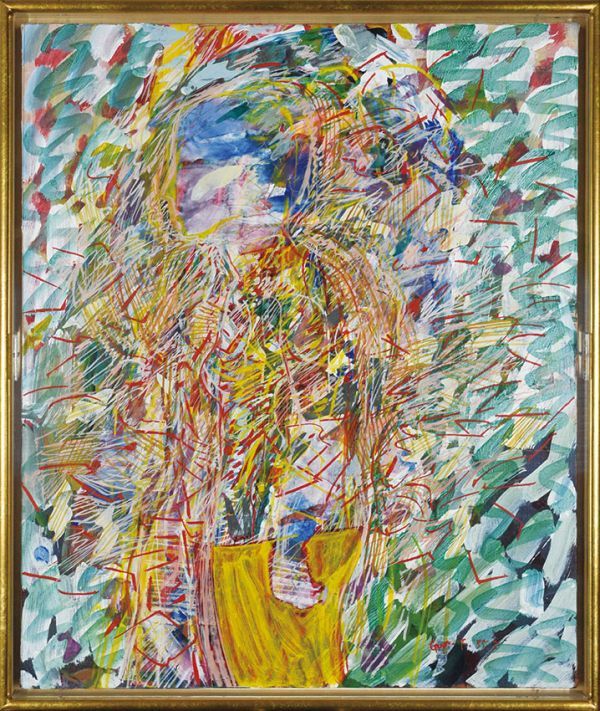 Gunji Fukazawa pintando Ligeramente jorobado Óleo sobre lienzo Firmado, Cronología 77 Etiqueta de la galería 72×60 F:77.5×65.5 1985 Gunji Fukasawa, Cuadro, Pintura al óleo, Pintura abstracta