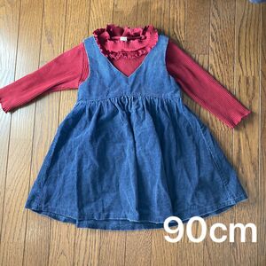 90cm 女の子　赤ニット　ネイビーワンピース　２着　まとめ売り