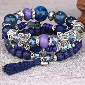 multi Circle blue group bangle bracele beads & natural stone tassel butterfly 3 pcs set bohemi Anne bracele A534