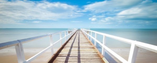 Tapetenposter im Malstil „Strand Meer Sand Pier Karibisches Meer Extra große Panoramaversion 1440 x 576 mm (abziehbarer Aufkleber Typ 103P1, Drucksache, Poster, Andere