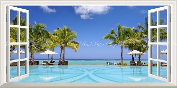 [Especificaciones de la ventana] Caribbean Tropical Resort Beach Poolside Panorama Pintura Estilo Papel tapiz Póster Edición extra grande 1152 x 576 mm Etiqueta despegable 007MS1, impresos, póster, otros