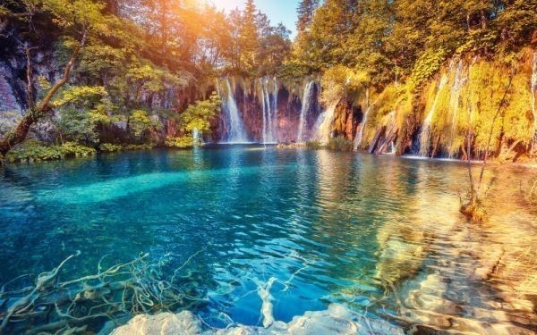 Waterfall, autumn leaves, emerald mountain stream, beautiful harmony of nature, exhilarating, soothing, painterly wallpaper poster, wide version, 603 x 376 mm (peelable sticker type) 025W2, printed matter, poster, science, Nature