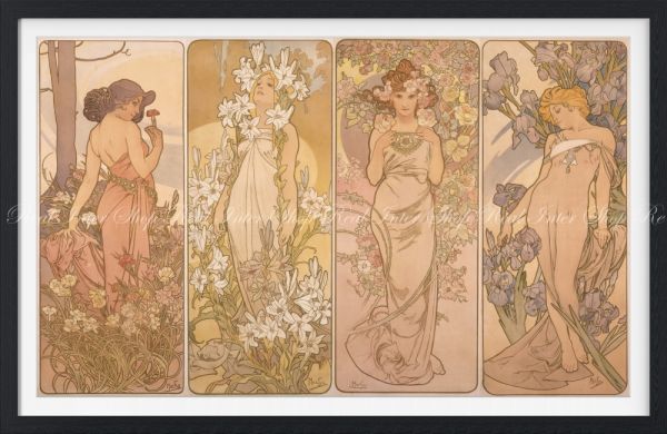 [Version collage/impression sur cadre] Alphonse Mucha Flower série 1898 4 fleurs papier peint affiche extra large 885 x 576 mm 005SGF1, peinture, peinture à l'huile, autres