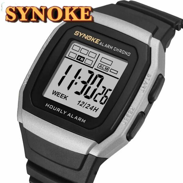 新品 SYNOKEスポーツデジタル 防水 デジタルストップウォッチ メンズ腕時計 スクエア ブラック＆グレー