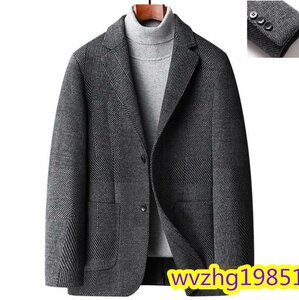 定価8万超 メンズ テーラードジャケット 高級 ウール ブレザー カシミヤ混 セレブ*WOOL 美品 紳士スーツ 細身 アウター グレー L