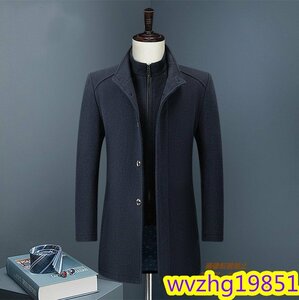 新品*定価12万 メンズコート 紳士スーツ 厚手 ウールコート ビジネスコート高級 テーラードジャケット アウター 二重襟ジャケット 紺色 L