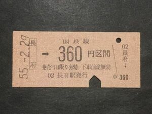 古い切符＊(長府)→国鉄線 360円区間 長府駅発行 昭和55年＊国鉄 鉄道 資料