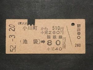 古い切符＊(東武鉄道) 小川町 から 510円 (池袋)→国鉄線 80円区間 小川町駅発行 昭和52年＊鉄道 資料