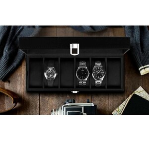 Baskiss PU製時計ケース 腕時計収納ボックス ガラス板採用 高級 時計 コレクションケース (6本‐ブラック&ブラック)