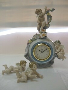 1000円スタート フィギュリン 置時計 LLADRO リヤドロ 天使の時計 5973 天使 エンジェル 花 フラワー 陶器人形 西洋工芸 置物 TSI K10002