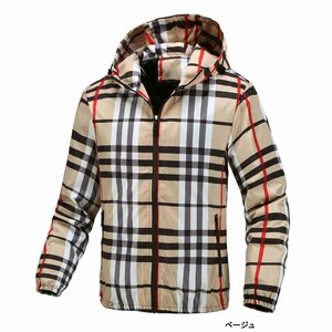 新品 チェック柄 ナイロン フード ジャケット ウインドブレーカー タータンチェック Plaid nylon jacket ベージュ サイズ 2XＬ